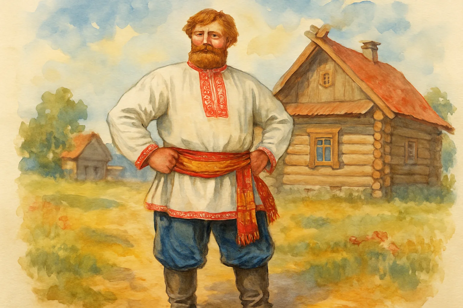 Homme en costume traditionnel russe avec kosovorotka et ceinture