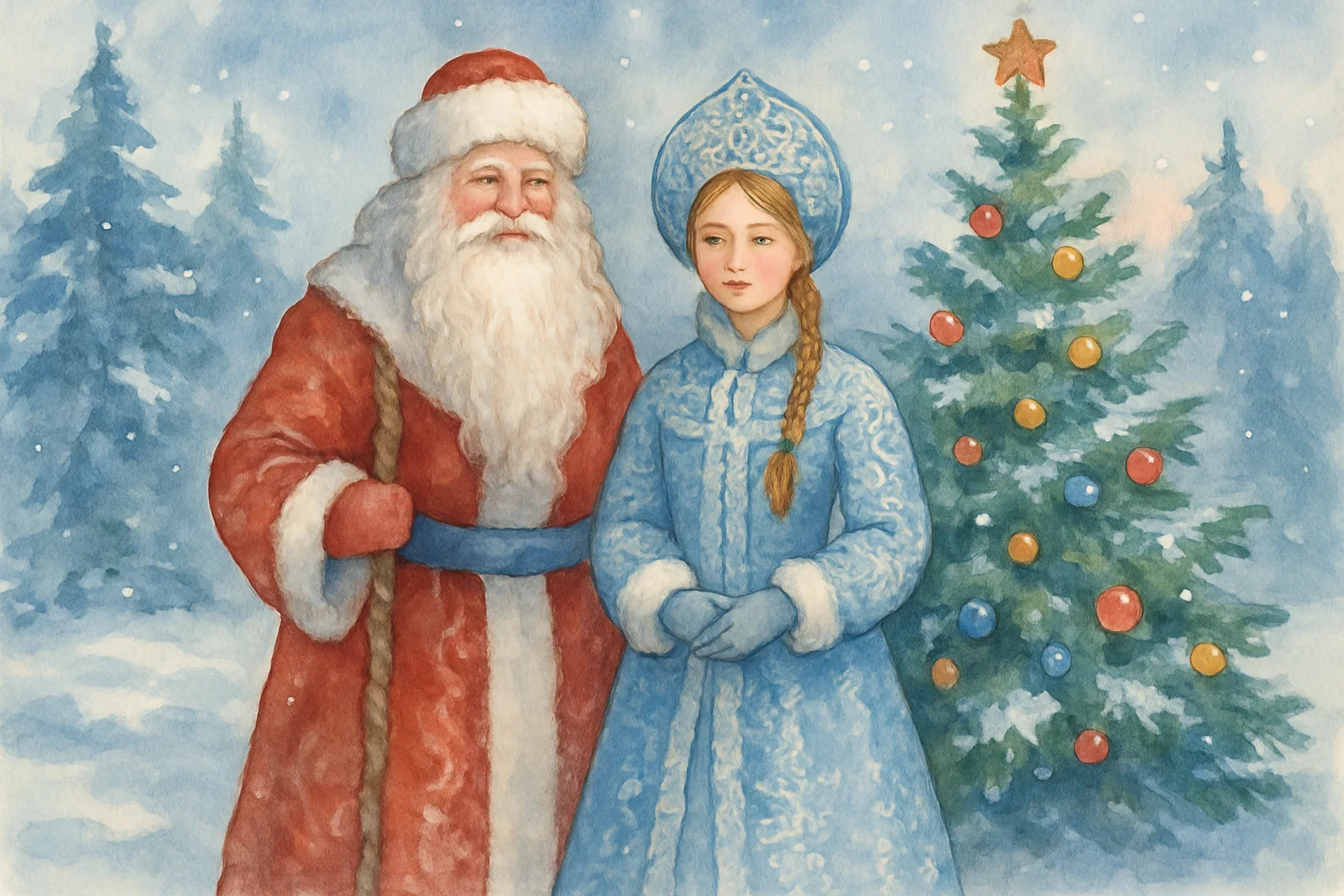 Ded Moroz en robe bleue et Snegourotchka en costume argente devant un sapin decore dans un paysage d'hiver russe