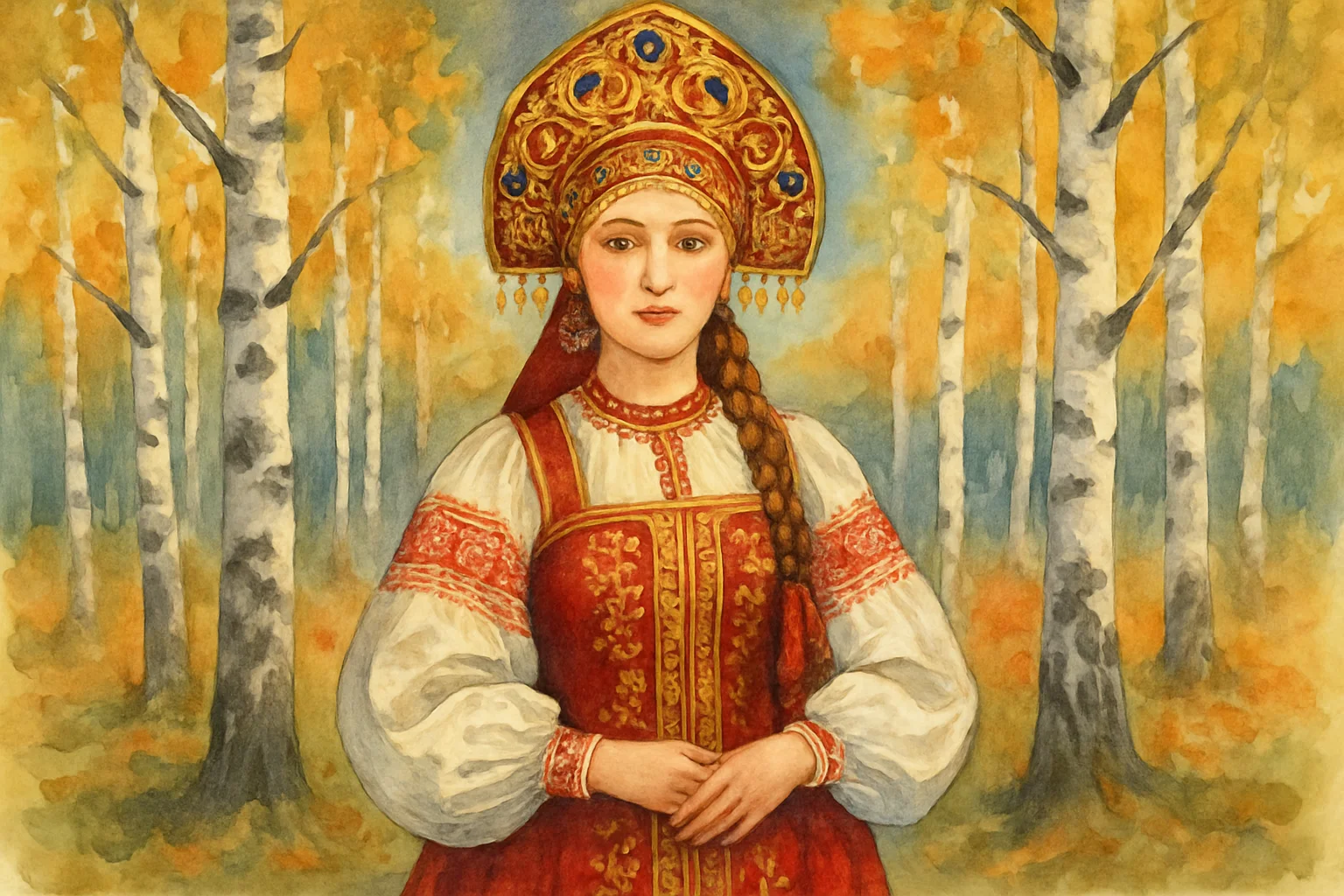 Femme en costume traditionnel russe complet avec kokochnik, sarafane rouge et chemise brodee