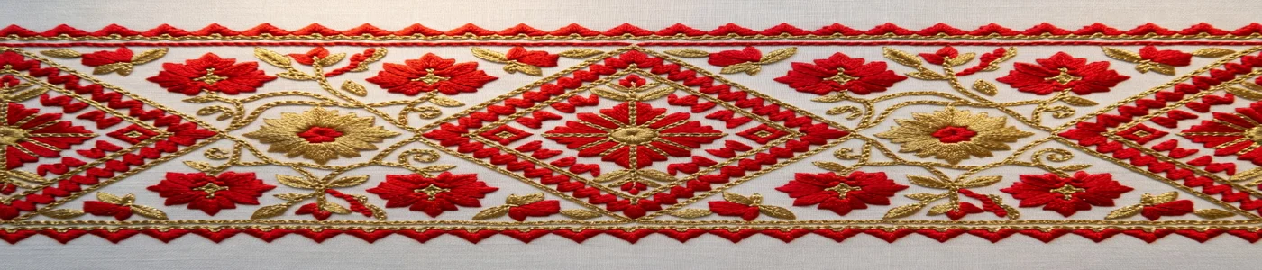 Broderie traditionnelle russe, motifs geometriques et floraux slaves sur lin blanc