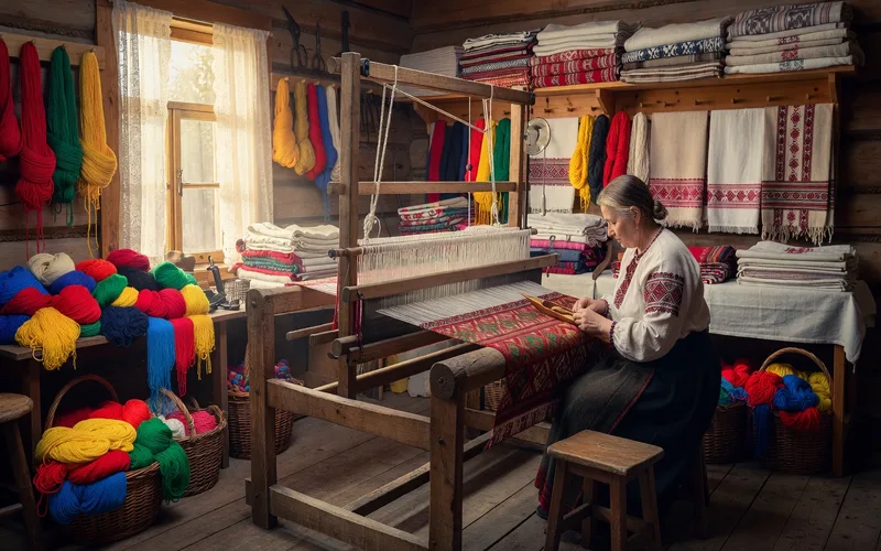 Femme en tenue russe traditionnelle avec chale et broderies