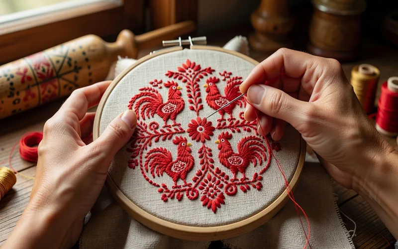 Femme russe portant une tunique brodee traditionnelle