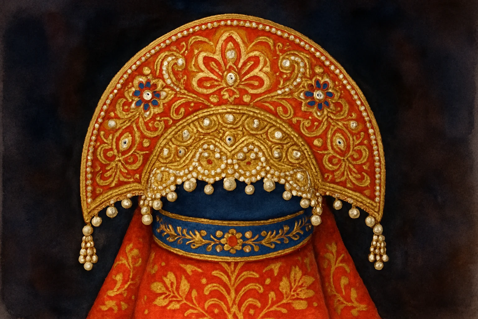 Kokochnik : coiffe traditionnelle russe brodee de perles et fils d'or