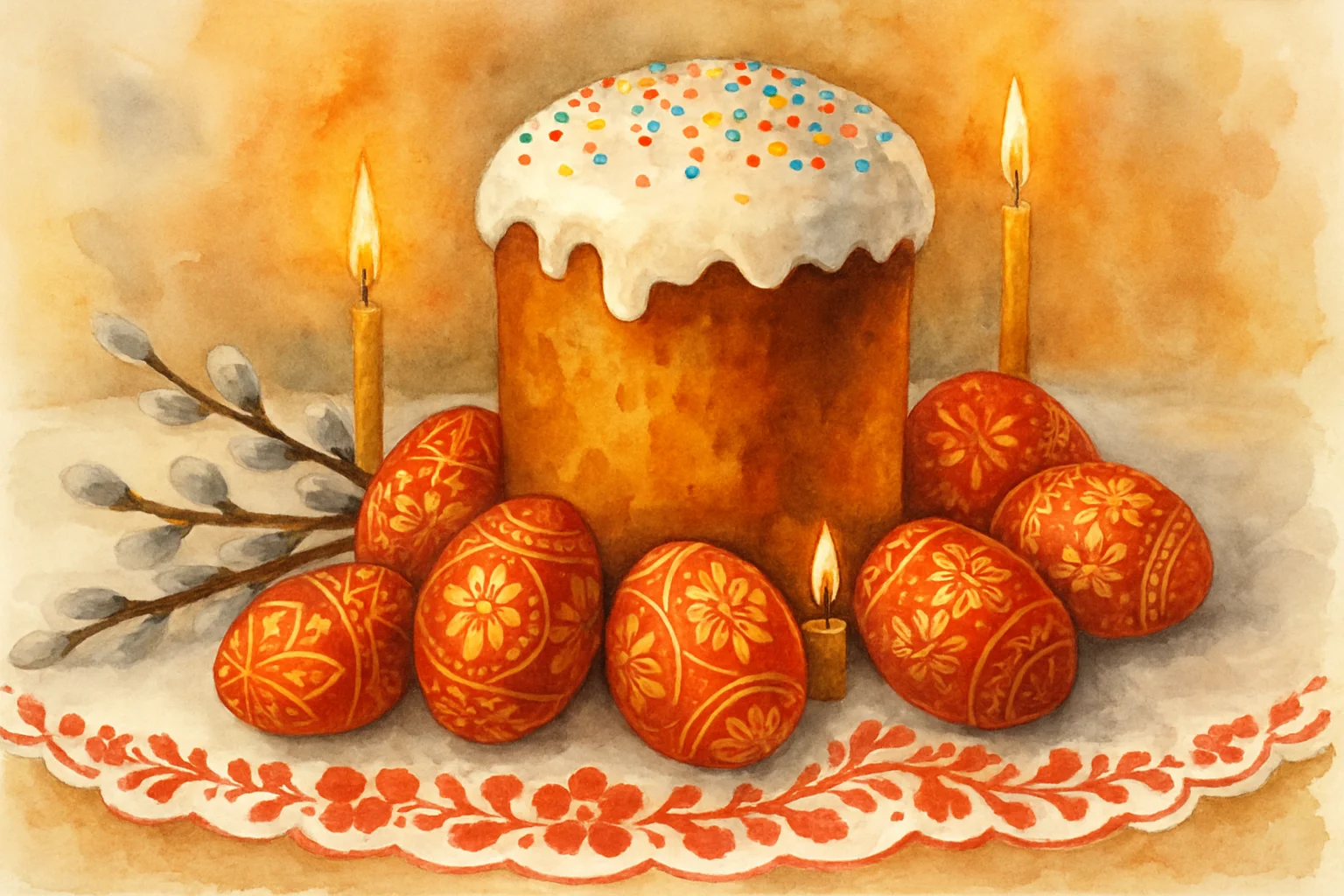 Table de Paques orthodoxe russe : koulitch glace, oeufs peints pisanki en rouge et or, chatons de saule et bougies