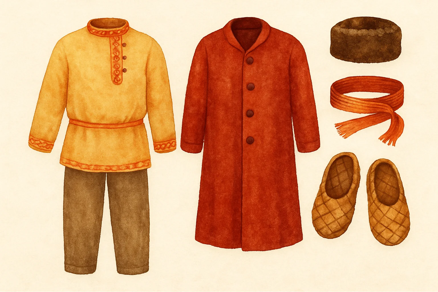 Les pieces du costume masculin russe traditionnel : kosovorotka, chtany, kaftan, ceinture et lapti