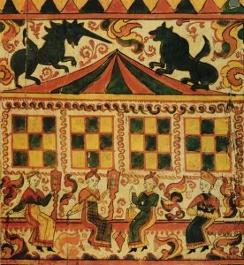 Fragment de quenouille Posidelki, peinture de Severodvinsk, premiere moitie du XIXe siecle