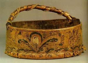 Panier (nabiruha) avec la peinture de Rakoulsk, tons ocre et noir